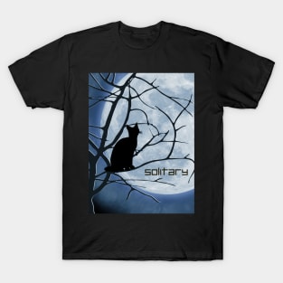 Solitary Black Cat Stares At A Full Moon T-Shirt